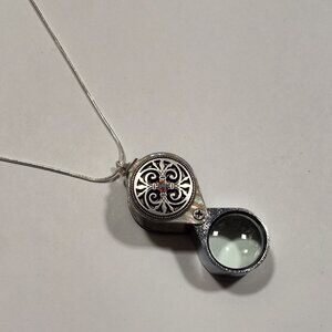 Magnifying Glass Mother of Pearl Fluer De Lis AB Crystal Loupe Pendant Necklace